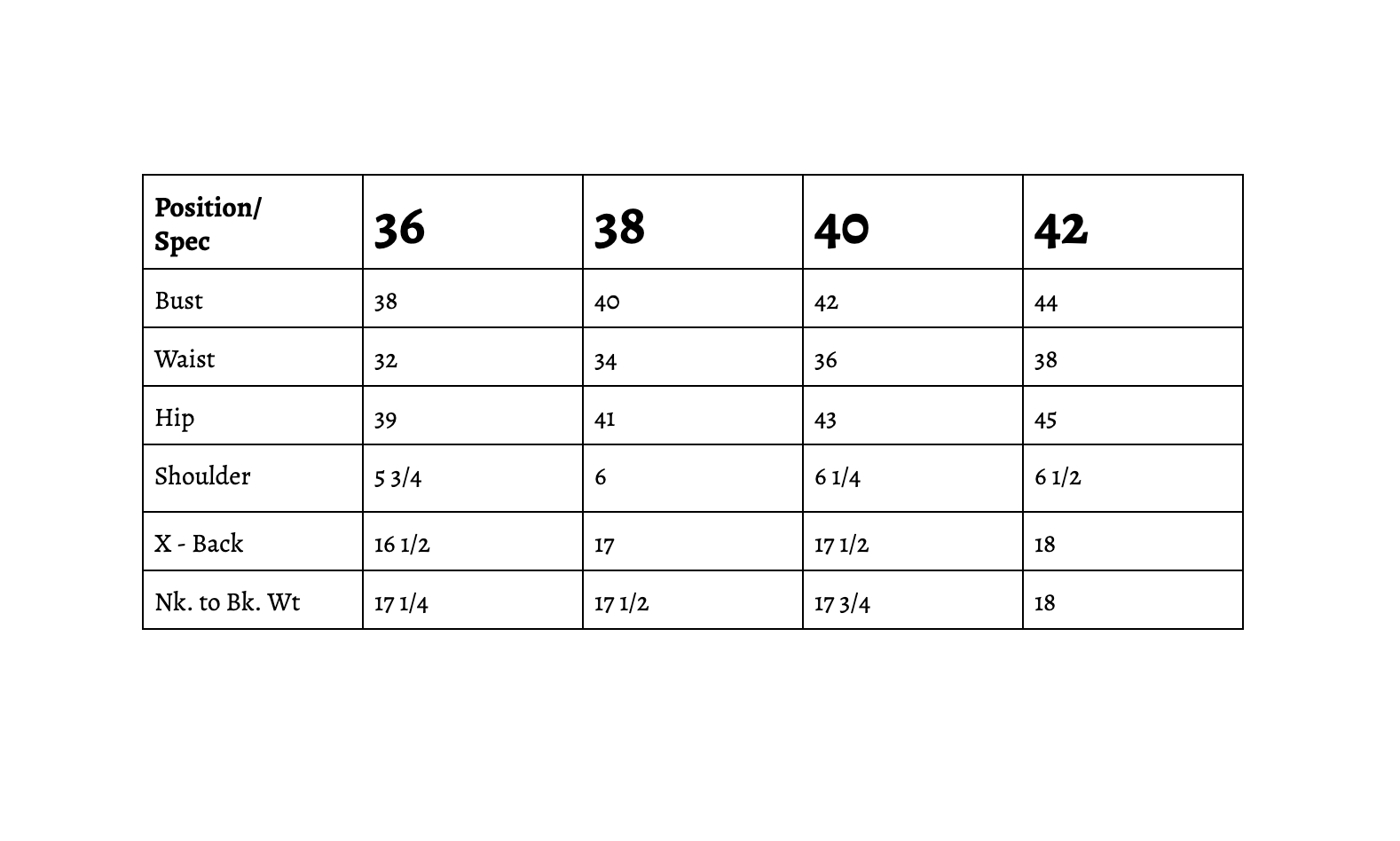 size chart