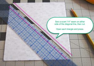 Sew a ¼” on either side of the diagonal line, cut along the center, open & press.