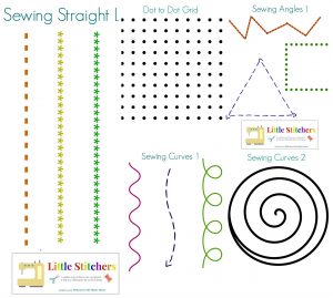 There are many printables available online that allow children to practice “sewing” by having the children sew patterns on paper.