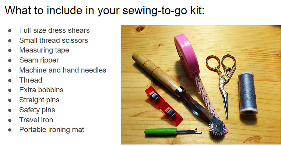 Here is the list of supplies to be sure to include in your travel sewing kit: