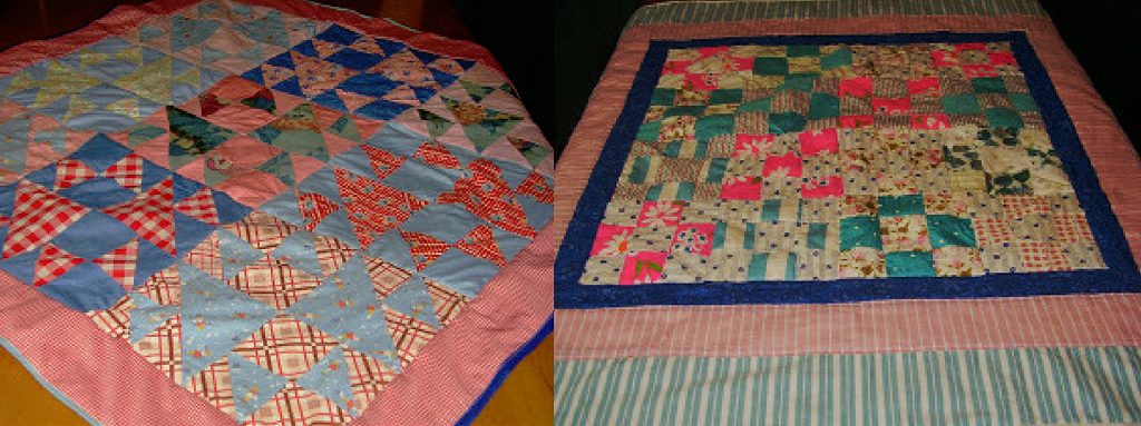 The blocks in these quilts were pieced by my mother's and my husband's grandmothers. I found them in their sewing boxes & put them together with borders to make these lap quilts for our moms to share with their grand babies.