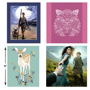 Camelot Cotton’s Rey and BB8, Hawthorne Thread’s Bengal Quilt Panel, and their Fawn Quilt Panel in Aspen, and Kathy Hall’s Outlander Panel.