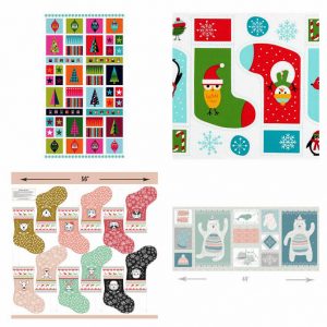 Makower UK’s Wrap it Up Hanging Panel, Ann Kelle’s Jingle 4 Stockings, and Hawthorne Thread’s Oh What Fun Stockings cut outs, and Hawthorne Thread’s Fairisle Panel in Multi.