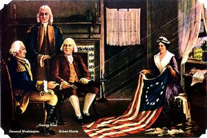 Betsy Ross presenting her flag to George Washington & two other members of the Continental Congress.