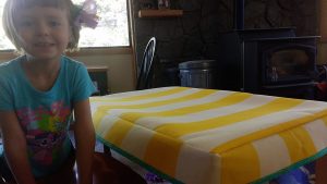 Here you can see both my darling daughter & that the tablecloth fits.