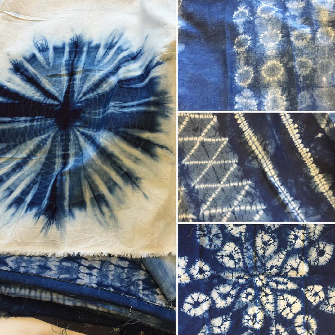 pole-dyeing 12 yard hand-dyed cotton sateen fabric in magenta and blue Arashi storm style shibori